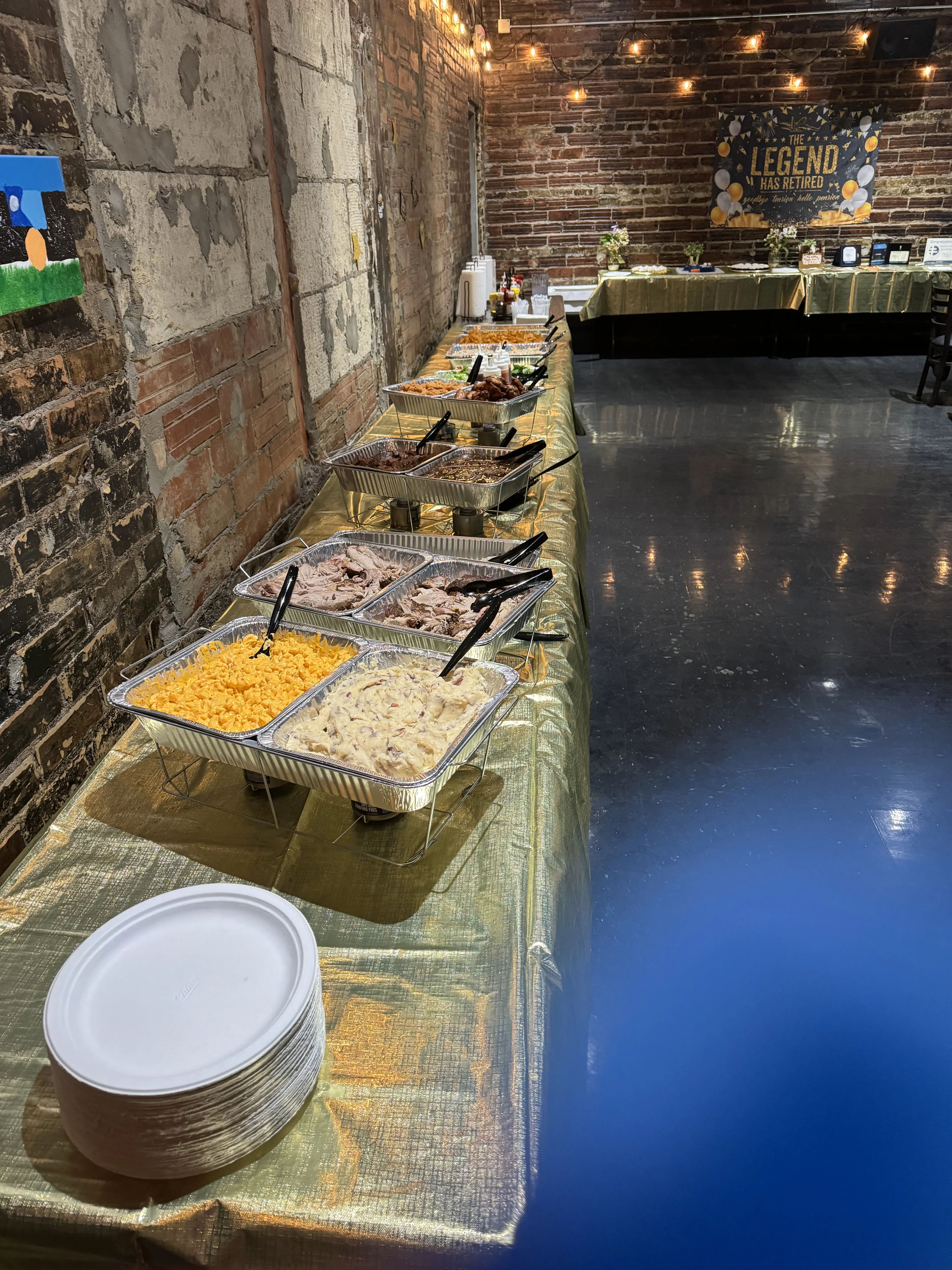 Catering spread with sauces and sides